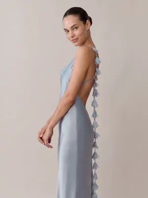 NWT Few Moda Ingrid Dress size Small S Light Blue silky ruffle maxi o.p.t cowl thumbnail 4