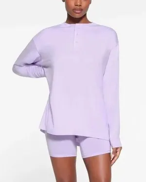 NWT SKIMS boyfriend longsleeve Henley shirt in lily thumbnail 1