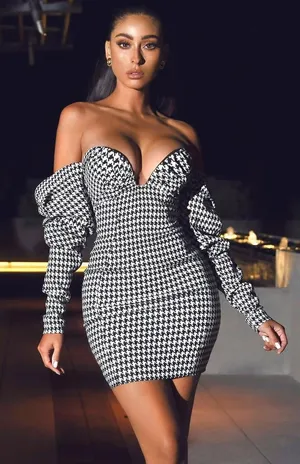 Miss Circle Kylie Houndstooth Off The Shoulder Woven Mini Dress Sweetheart Small thumbnail 1