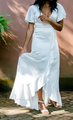David’s Bridal db studio Flutter Sleeve Satin Ruffle Hem Wedding Dress 2 NEW thumbnail 1