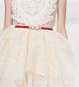 Red & gold pearl‎ belt Imitation Pearl Pair Buckle Thin Belt Monochrome Elastic thumbnail 11