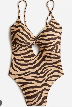 NWT J. Crew Front-twist one-piece in zebra stripe Brown‎ Tan BK543 Sz 24 thumbnail 1