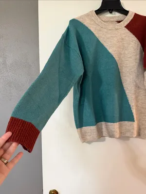 Women's Colorblock Crewneck Sweater in Teal, Cream & Rust thumbnail 2