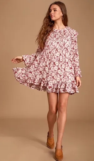 Free People Mini Dress These Dreams L Red Tea Floral Pleated Ruffle Cottagecore thumbnail 1