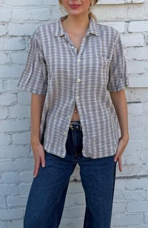 Vtg retro Express beige plaid button up shirt one size #plaid #preppy #western #outdoors thumbnail 1
