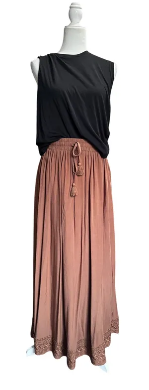 Scarlet Darkness Ren Faire Maxi Skirt with Tassel Tie & Lace Hem Brown(S) thumbnail 1