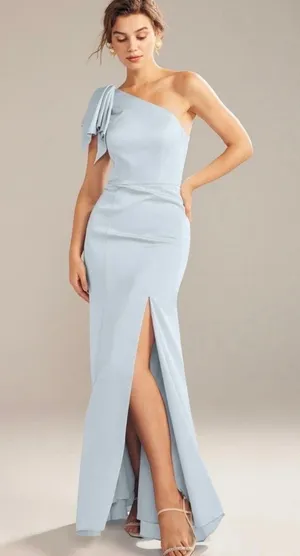NEW After Six Crepe Princess Bow Gown One Shoulder Mist Blue Slit Thigh Size 4 thumbnail 1