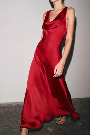 Zara Elegant Red Satin Long Dress Evening Party Gown thumbnail 3
