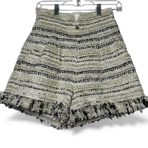 Elegant Wool Blend Golden High Waist Festive Striped Fringe Shorts in Size L thumbnail 1