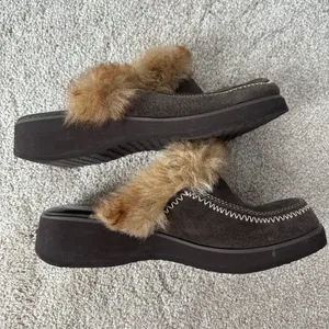 Yellow Box Brown Suede Slip On Clogs Faux Fur Trim Y2K Retro Platform thumbnail 6