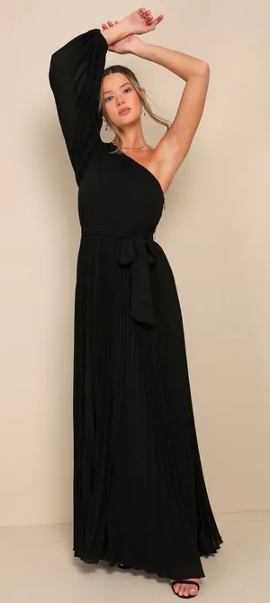 NWT Lulus Divine Charm Black Pleated One-Shoulder Maxi Dress Holiday Gala Size M thumbnail 1