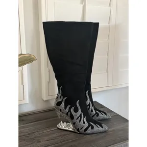 Others Follow Women Size 8 Wedge Heel Flame Rhinestone Point Toe Knee High Boot Fashion Trendy thumbnail 4