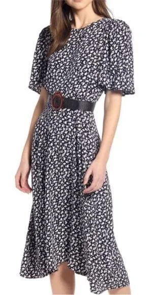 Something Navy Strong Shoulder Floral Midi Dress thumbnail 1