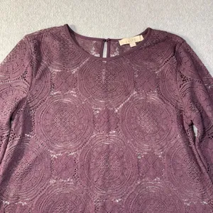 LOFT Lace Top Women Medium Plum Purple Medallion Crochet 3/4 Sleeve Boho EUC‎ thumbnail 3