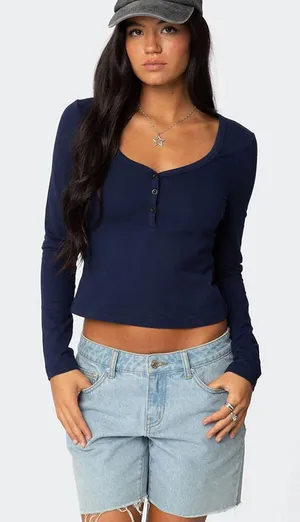 Brandy Melville Navy Long-Sleeve Henley Crop Top thumbnail 1