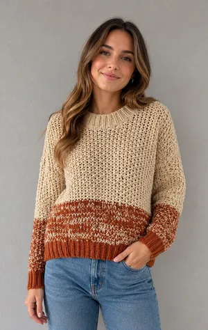 She & Sky Chunky Knit Colorblock Sweater in Beige and Rust thumbnail 1