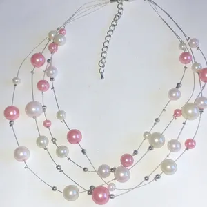 Silver Tone & White Pink Faux Pearl Beaded Boho Multi Strand Wire Necklace thumbnail 4