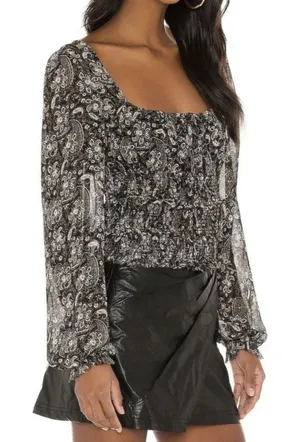Free People Lolita Dark Gauzy Cropped Peasant Blouse Square Neck Long Sleeve L thumbnail 1