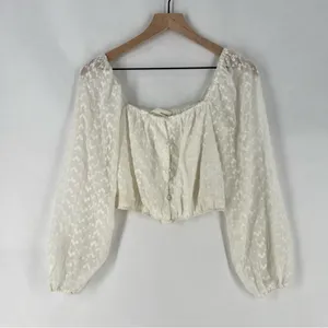 Heatherly Cottage Eyelet Crop Top Balloon‎ Sleeve Peasant Embroidered Size XSP thumbnail 2