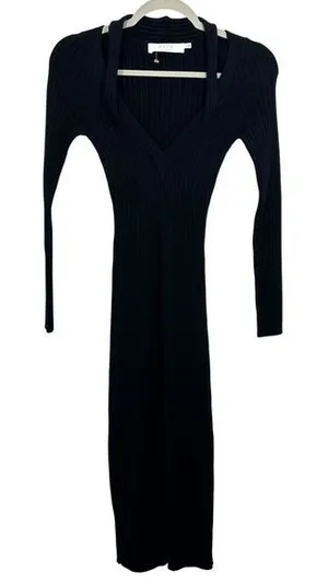 ASTR The Label Black Ribbed Knit‎ Deep V Neck Plunge Midi Dress Size S Bodycon thumbnail 1