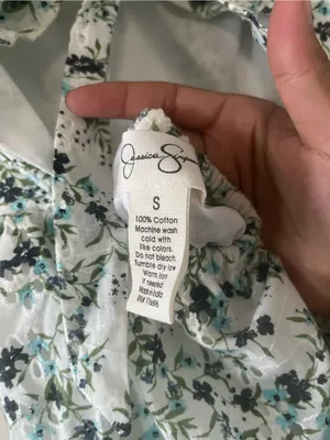 100% Cotton Green White Floral Puff Sleeve Mini Dress Small Cottagecore Romantic thumbnail 7