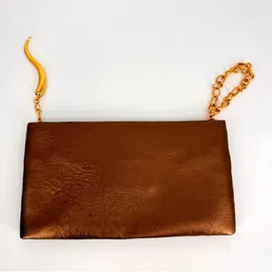 Dominique Cohen Metallic Copper Pleated Clutch‎ with Chain and Horn Detail OS thumbnail 4
