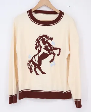 Unbranded Sweater Womens M Graphic Horse Cream Brown Intarsia Knit Excellent thumbnail 1