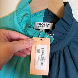 CROSBY‎ Olive Colorblock High Ruffle Collar Long Sleeve Button Front Shirt Dress thumbnail 4