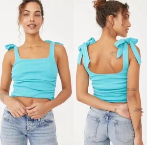 Free People Aqua Blue Tie Up Bow Tank Gathered Top Beachy Boho Size Medium thumbnail 2