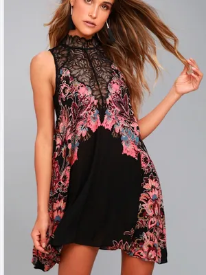 Free People Marsha Black Print Lace Slip Dress thumbnail 1