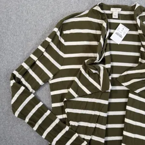 J.CREW Women's Medium Olive Green White Striped Open Drape Cardigan Cotton 68140 thumbnail 3