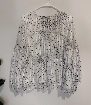 Tallulah Kate White flowy tiered Blouse Black Stars and Balloon Sleeves thumbnail 1
