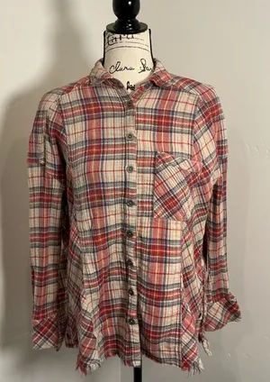 Free People Plaid Button Down Shirt Red Blue Frayed Hem Small Oversized Boho Top thumbnail 1
