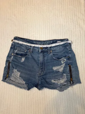 American Eagle Super Hi-Rise Shortie Denim Shorts Distressed High Waisted Size 6 thumbnail 9