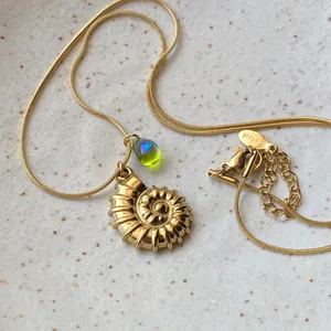 Handmade gold tone stainless steel boho chic beach shell ammonite & teardrop necklace🌀🐚🌊 thumbnail 5