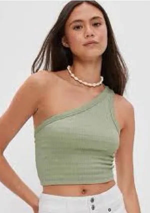 American Eagle Sage Green Ribbed One Shoulder Crop Tank Size Medium thumbnail 1