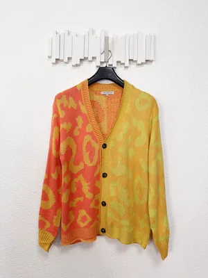 Miss Sparkling Colorblock Leopard Animal Print Oversized Cardigan Sweater Orange thumbnail 2