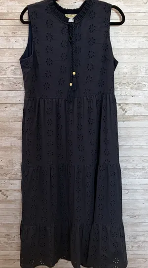 Sweet Magnolia Womens L Maxi Dress Navy Blue Eyelet Cotton Boho Coastal Tassel thumbnail 1