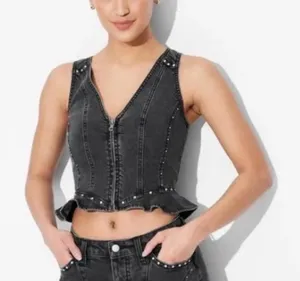 Wild Fable NWT Black Washed Denim Zip Up Studded Ruffle Peplum Vest thumbnail 1