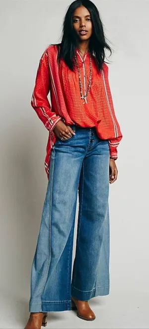 Free People Yarn Dye Lurex Tunic Top Boho Stripe Red Orange XS thumbnail 1