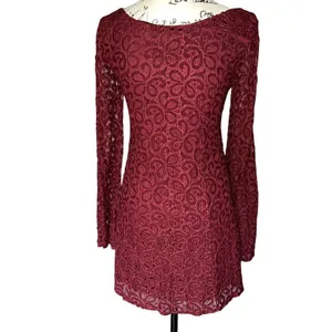 Altar'd State Burgundy Floral‎ Lace Long Sleeve Mini Dress Scoop Neck Wine XS thumbnail 3