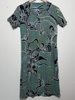 Women Shirt Midi Dress Medium Green Abstract Psychedelic Print Retro‎ Artsy thumbnail 1