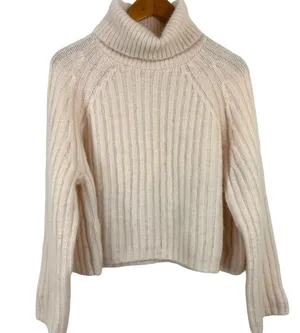 Zara Cream Light Pink Wool Alpaca Blend Ribbed Knit Turtleneck Sweater Medium thumbnail 2