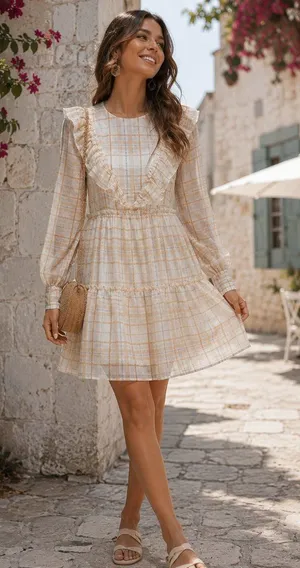 En Saison Plaid Organza Mini Dress in Natural Checker Size Small thumbnail 1