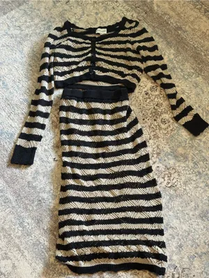 Black and Cream Striped Knit Sweater and Skirt Set Cottage thumbnail 1