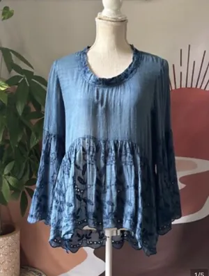 ivy jane Indigo Blue Embroidered Peasant Tunic thumbnail 1