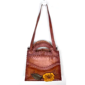 1970s Brown Tooled Leather Sculpted 3D Flower Boho Artisan Shoulder Bag thumbnail 3
