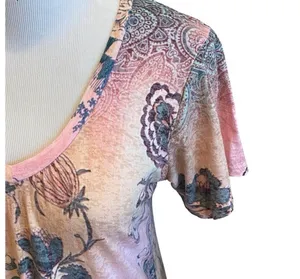 Y2K Multicolor Boho Floral Vneck TShirt Blouse L Pink Green Yellow Muted thumbnail 3