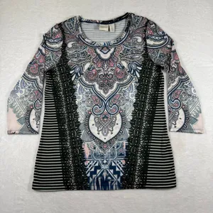 Zenergy by Chico's Womens Paisley Striped Lace Trim‎ 3/4 Sleeve Top Size 0 S thumbnail 1