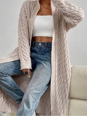 Source Unknown Long Cable-Knit Cardigan - Cream/ Oversized thumbnail 1